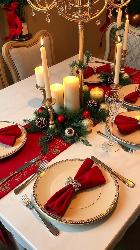 A festive Christmas table setting with elegant plates, candles, and seasonal decorations.